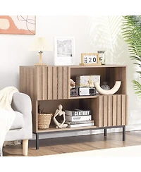 homfan Modern Farmhouse Entryway Console with Wavy Pattern, Storage Buffet with Display Shelves, Metal Legs and Soft-Close Doors for Multi-Space Use