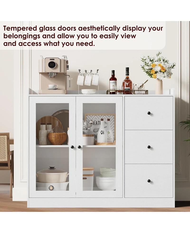 homfan 43 Inch Modern Wood Sideboard Organizer, Buffet Cabinet with Glass Doors, 3 Drawers, Adjustable Shelves and Guardrail for Home Use