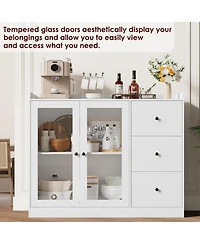 homfan 43 Inch Modern Wood Sideboard Organizer, Buffet Cabinet with Glass Doors, 3 Drawers, Adjustable Shelves and Guardrail for Home Use