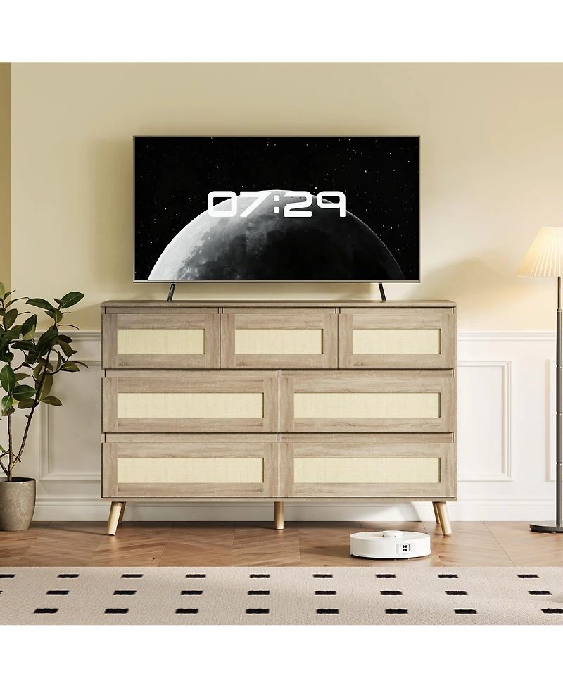 homfan Spacious Rattan 7 Drawer Dresser for Bedroom, Modern Farmhouse Chest, Large Storage Cabinet, Ideal for Nursery, Entryway, Living Room