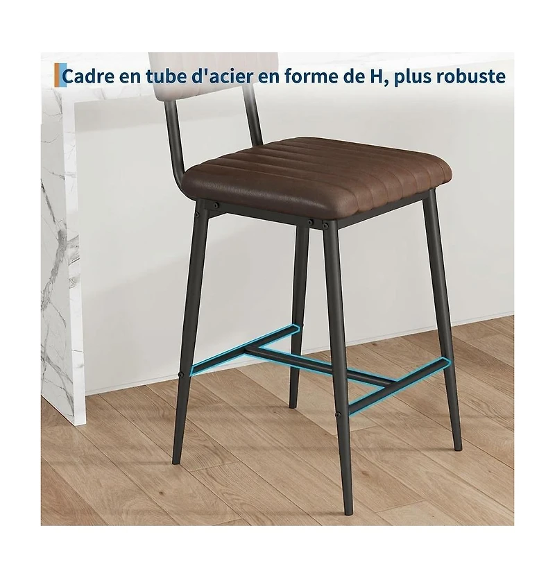 homfan Counter Height Bar Stools Set of 2, Upholstered Chairs with Back, Footrest and Thick Padded Seat, Metal Legs for Kitchen Island