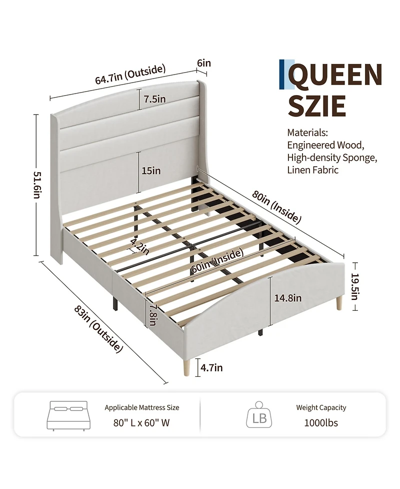 homfan Upholstered Platform Bed Frame, Queen Size Linen Wingback Bed Frame with 51.6 Inch Tall Headboard for Bedroom