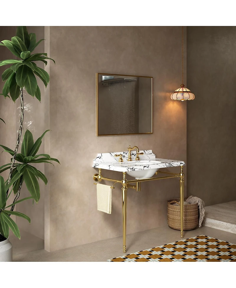 Sillysis Inch Bathroom Console Sink with Engineered Marble Top, Ceramic Basin, Stainless Steel Frame, Retro Style