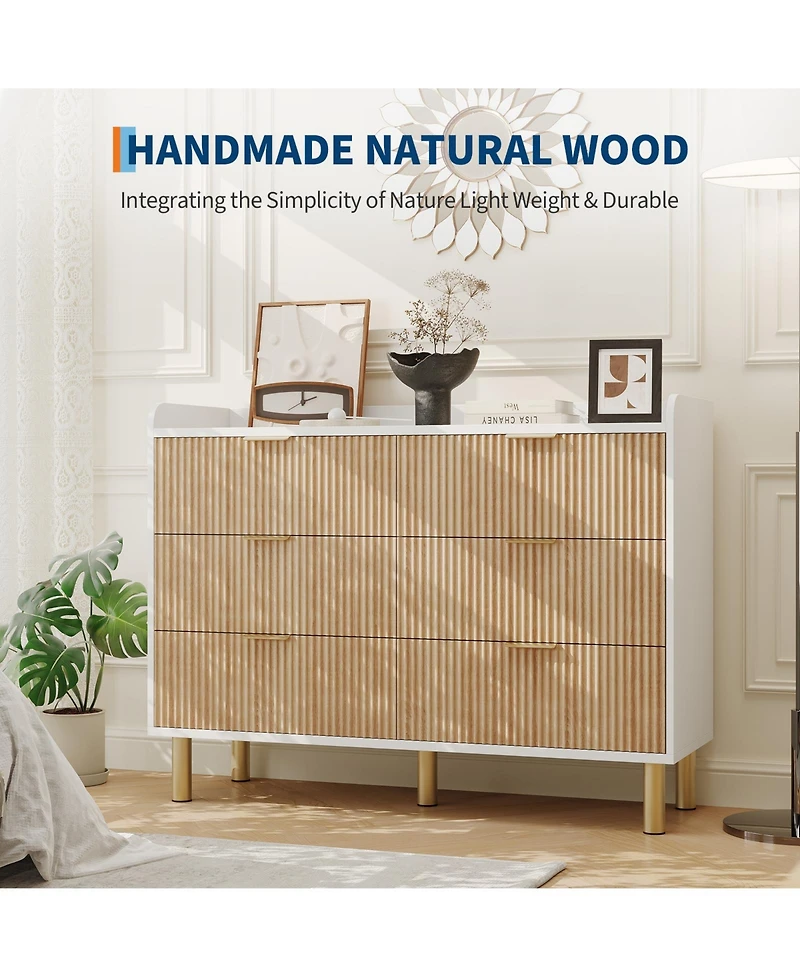 homfan Dresser for Bedroom, Fluted Wood Double Dresser with Metal Handles Curved Design Storage Organizer Cabinet, Wood Storage Double for Bedroom