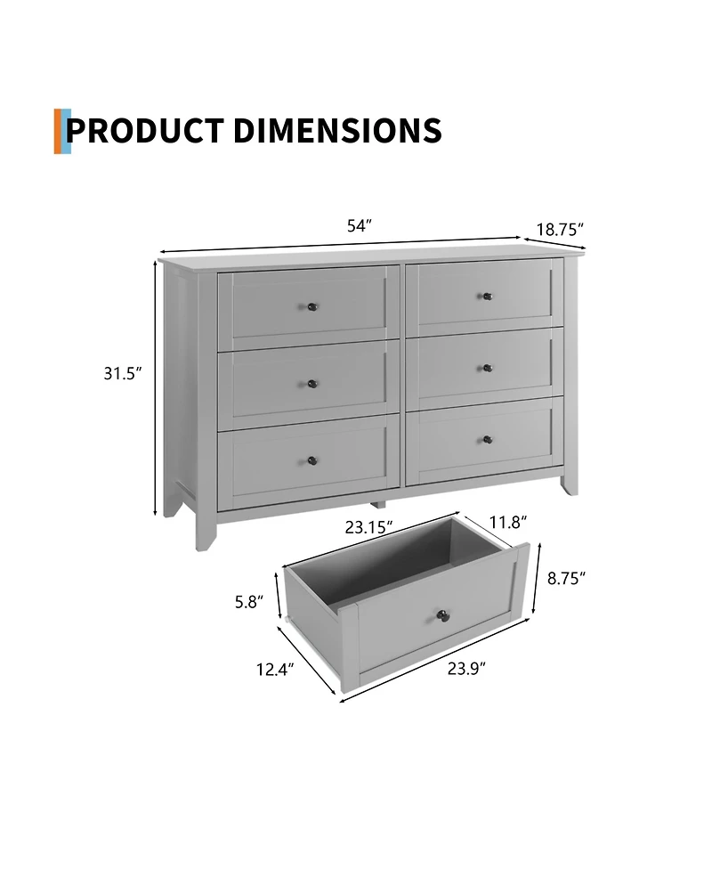 homfan 2 Set of 6 Drawers Dresser for Bedroom, 54" Modern Storage Chest with Painted Finish, Tall Organizer with Deep Drawers for Living Room, Closet