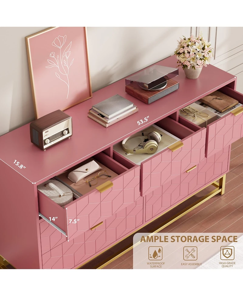 homfan Wide Dresser for Bedroom, Modern 7 Chest of Drawers Triple Dresser with Gold Accents, Long Storage Organizer for Tv Stand and Closet