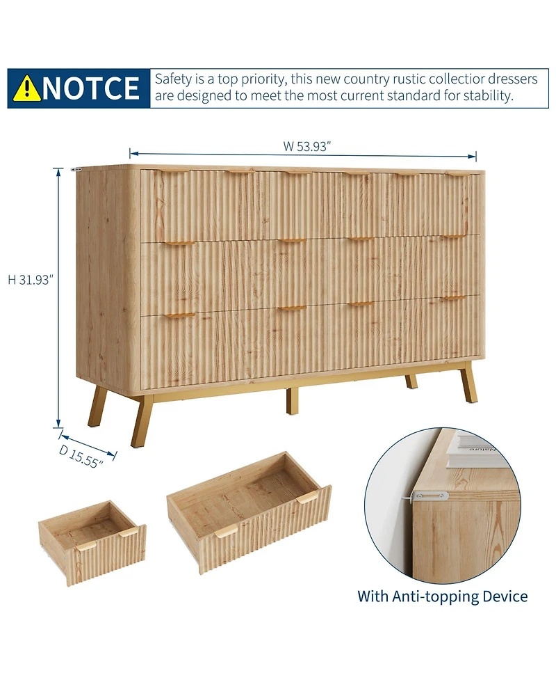 homfan Modern Fluted 7 Drawer Dresser, Wooden Chest with Golden Handles, Iron Base, Storage and Tv Stand for Bedroom, Living Room, Entryway