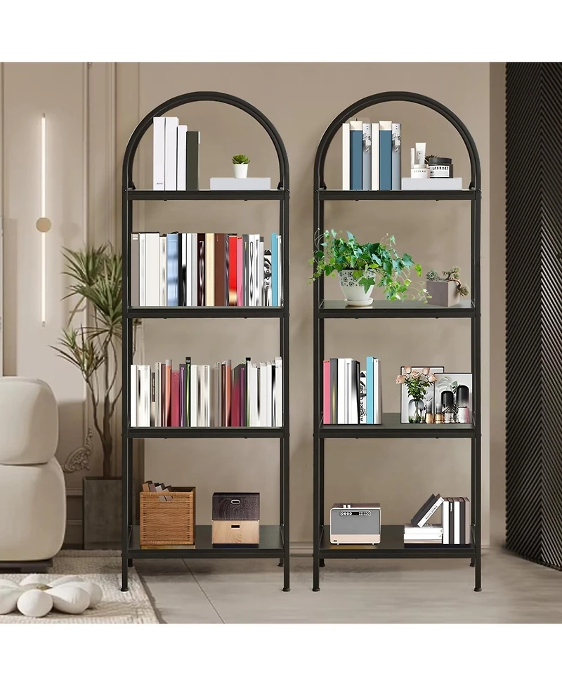 homfan Modern Arched Metal Frame Bookshelf, 4/5-Tier Vertical Storage Shelf with Anti-Tip Straps, Space-Saving Easy-Assembly Home Office Display Rack