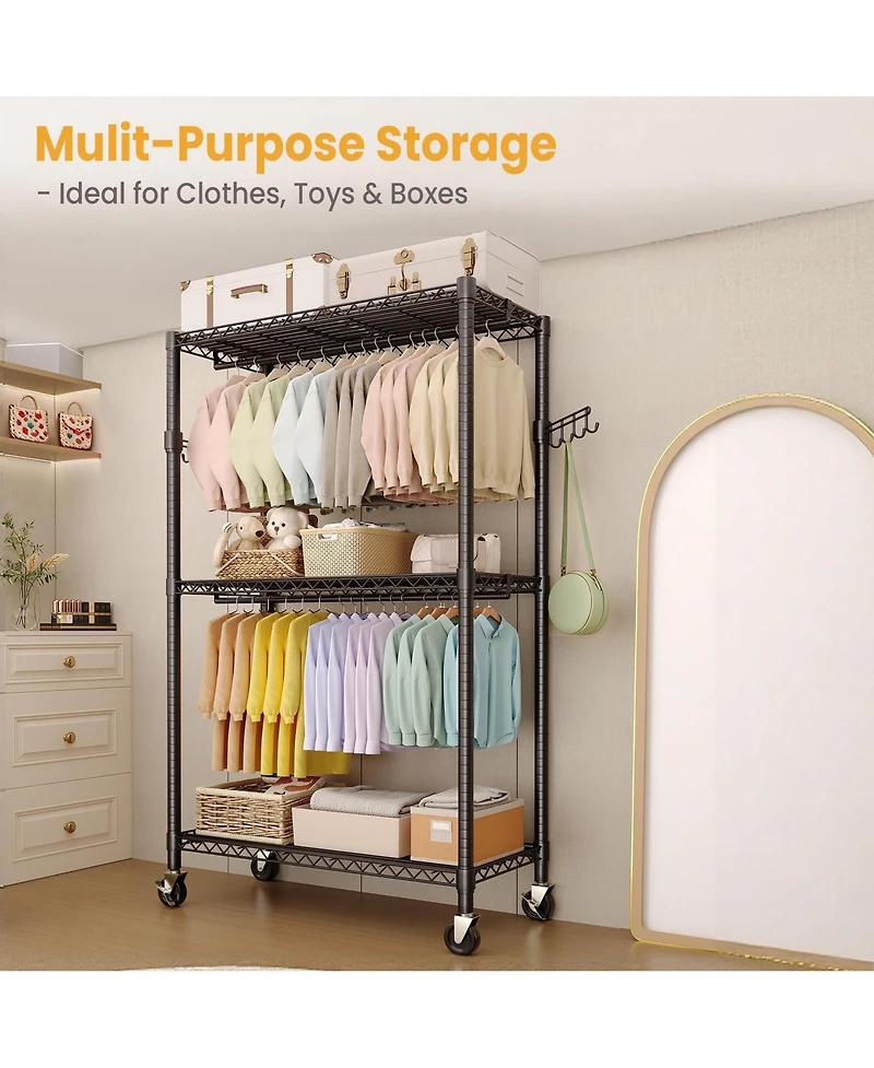homfan Heavy Duty Armorie, 75 Inch Metal Storage Wardrobe with Double Hanging Rods, Adjustable Shelves and Wheels for Bedroom or Closet