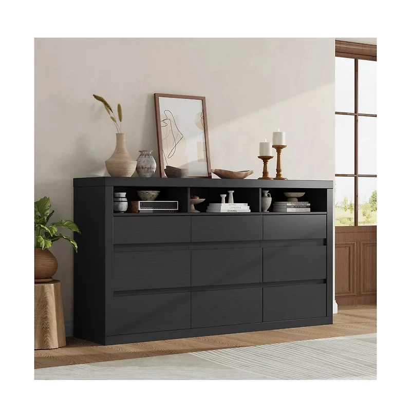 homfan 9 Drawer Dresser, Modern Wooden Chest of Drawers with 3 Open Shelves, Dresser for Bedroom, Living Room, Closet Storage