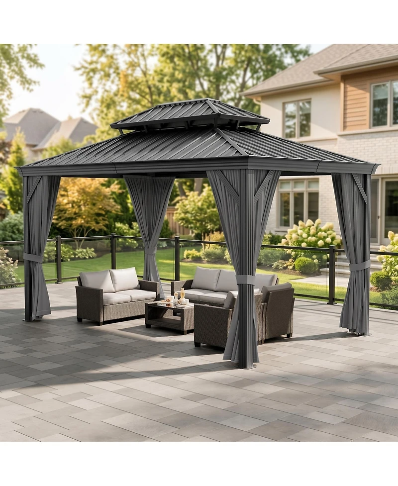 homfan Hardtop Gazebo with Double-Layer Steel Roof and Iron Frame for Patio, Deck, Backyard, Lawn, or Garden