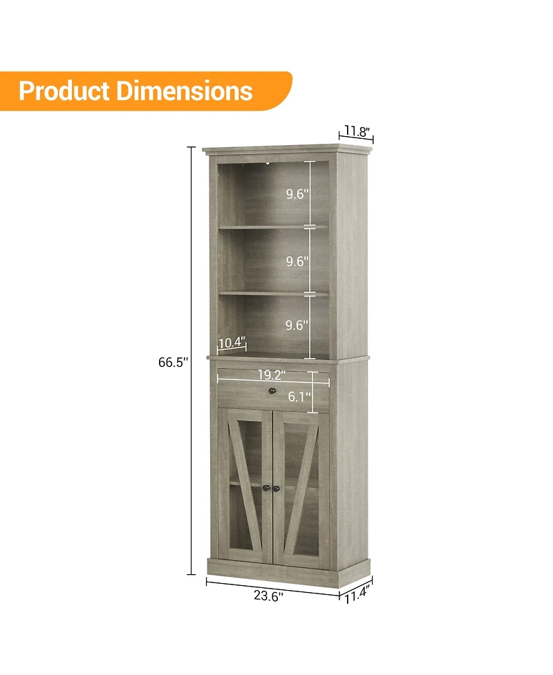 homfan Tall Mid-Century Pantry Cabinet with Open Shelves, Drawer and Glass Door Cabinet, Barn Door Design, Engineered Wood, Slim Space-Saving Storage