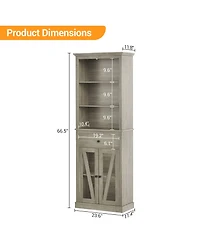 homfan Tall Mid-Century Pantry Cabinet with Open Shelves, Drawer and Glass Door Cabinet, Barn Door Design, Engineered Wood, Slim Space-Saving Storage