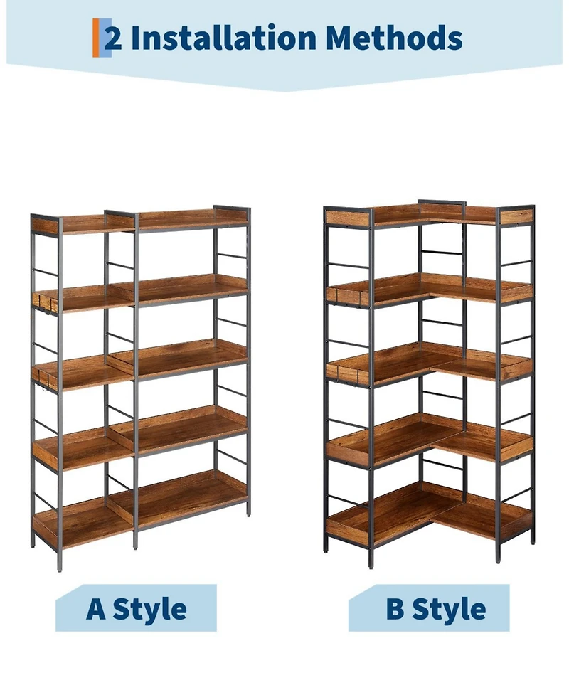 homfan 5-Tier 2-in-1 L-Shaped Bookshelf, Heavy-Duty Storage Rack with Guard Rails and Hooks, Anti-Tip Adjustable Feet Home Organizer