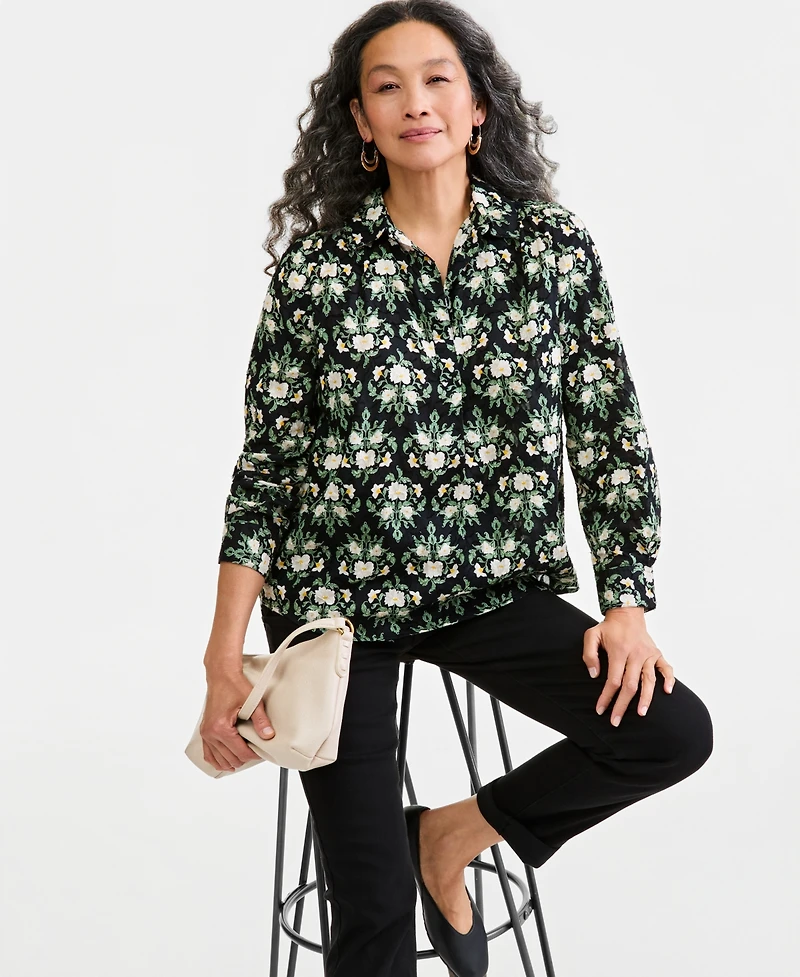 Style & Co Petite Printed Collared Neck Cotton Top, Macy's Exclusive