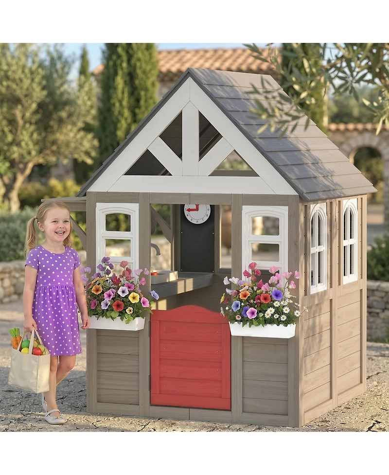 Qaba Outdoor Playhouse with Dog Door, Flower Box, Cookware for Backyard