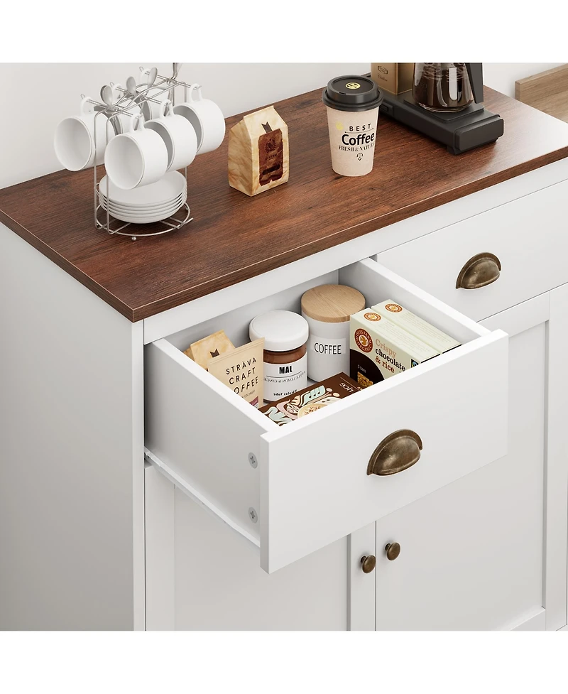 homfan Farmhouse Buffet Cabinet with Storage, Kitchen Sideboard with 2 Doors and 2 Drawers, Wooden Coffee Bar Cabinet with Shelves for Dining Room
