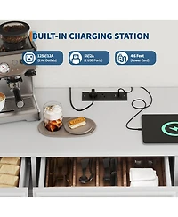 homfan Farmhouse Sideboard with Charging Station, 3 Drawers and 4 Doors, Adjustable Shelf Storage Coffee Bar for Home Use