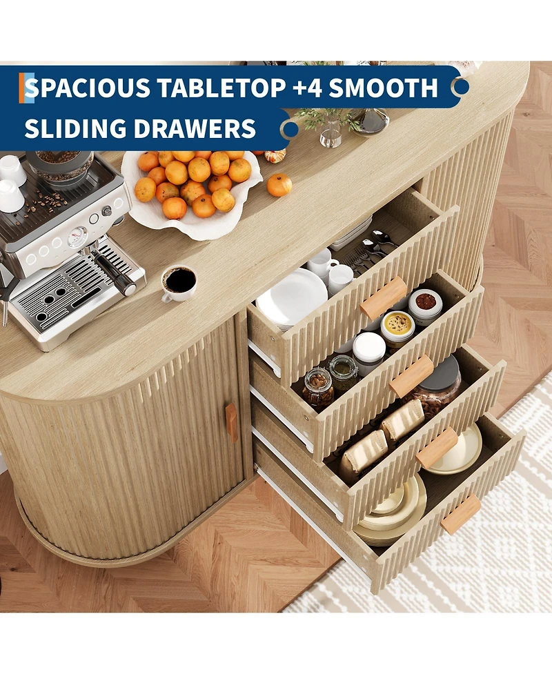 homfan Fluted Sideboard Cabinet with 4 Drawers and 2 Arched Sliding Doors, Multi-Functional Storage Console for Dining and Living Room