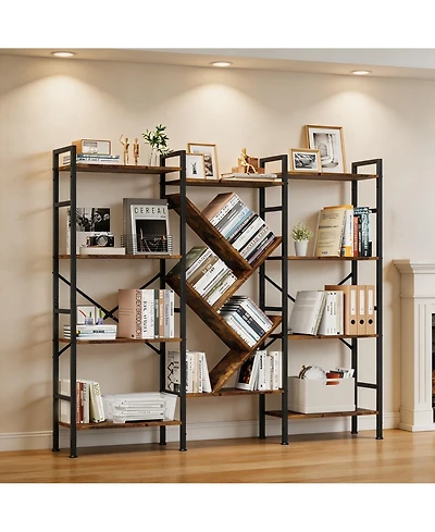 homfan Triple-Wide Tree-Shaped Open Bookshelf, Carbon Steel Frame Rustic Storage Display Rack, Easy Assembly Multi-Purpose Home Office Organizer