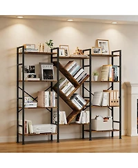 homfan Triple-Wide Tree-Shaped Open Bookshelf, Carbon Steel Frame Rustic Storage Display Rack, Easy Assembly Multi-Purpose Home Office Organizer