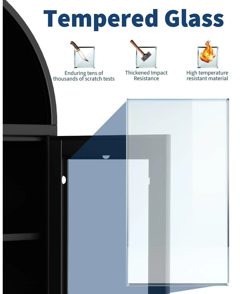 homfan Modern Arched Glass Door Storage Cabinet, Cold-Rolled Steel Tall Organizer with Adjust Shelves and Drawer, Anti-Tip Space-Saving Home Furniture