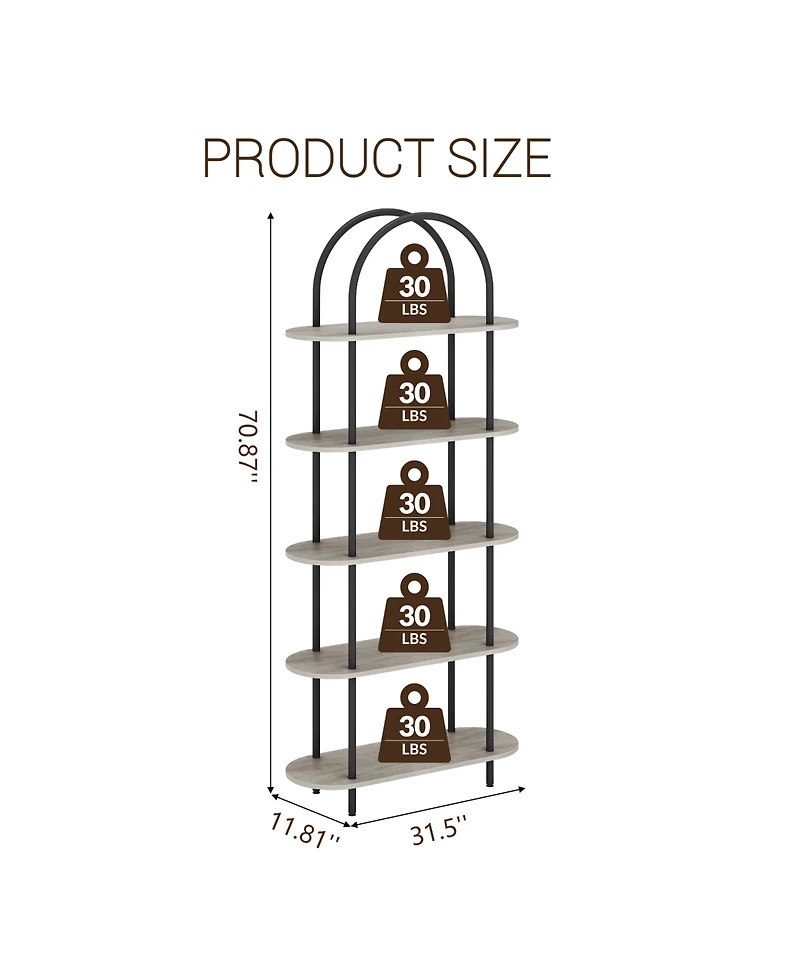 homfan Arched Bookshelf with 5-Tier Shelves, Industrial Open Bookcase for Living Room Home Office