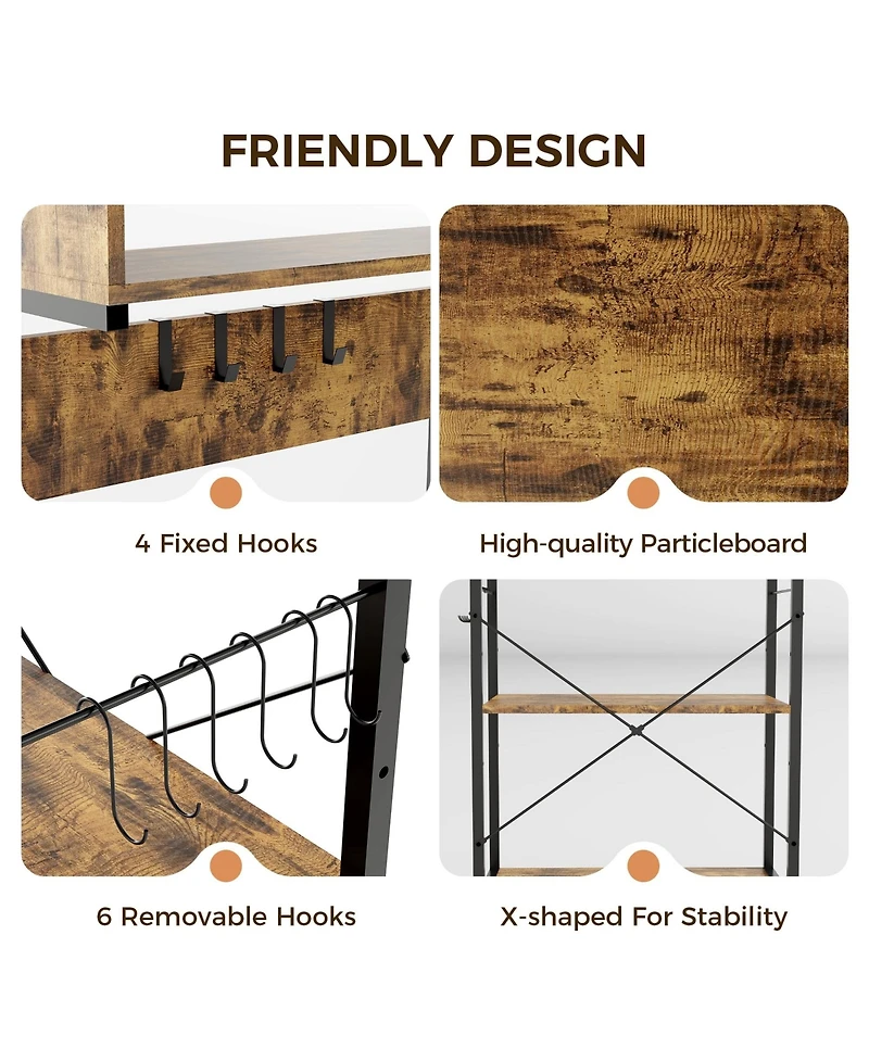 homfan 4-Tier Kitchen Bakers Rack with Power Outlet - Industrial Standing Microwave Stand and Coffee Bar Table, Storage Shelf with 10 Hooks