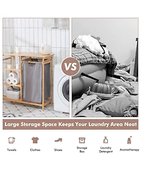 sumyeg Bamboo Laundry Hamper Stand with Sliding Bag and 3-Tier Open Shelves