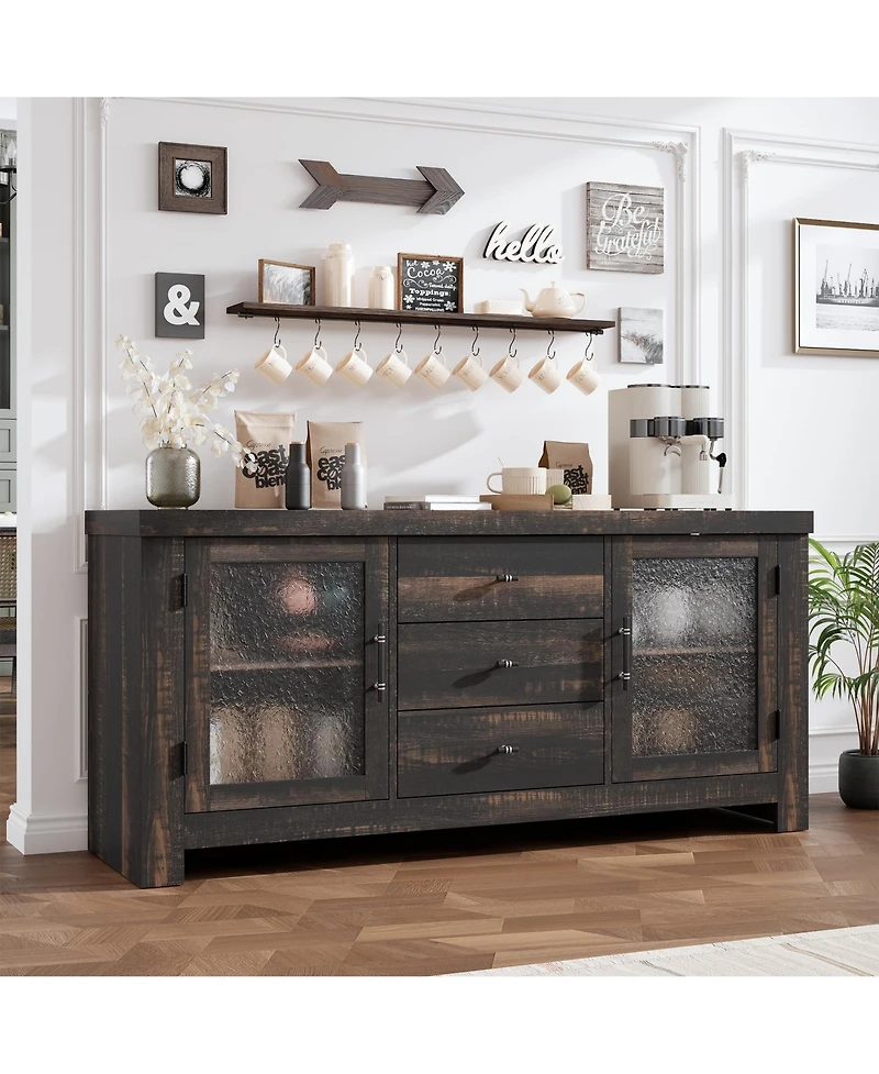 homfan Buffet Sideboard, Accent Storage Cabinet with 2 Glass Doors and 3 Drawers, Coffee Bar Table, Tv Stand for Living Room, Kitchen