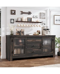 homfan Buffet Sideboard, Accent Storage Cabinet with 2 Glass Doors and 3 Drawers, Coffee Bar Table, Tv Stand for Living Room, Kitchen