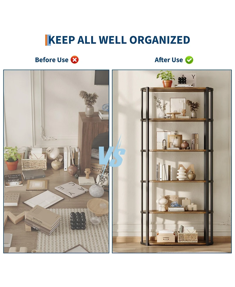homfan 5-Tier Open Vertical Bookshelf, Waterproof Scratch-Resistant Metal Frame Storage Shelf with Anti-Tip Kit for Home Office Use