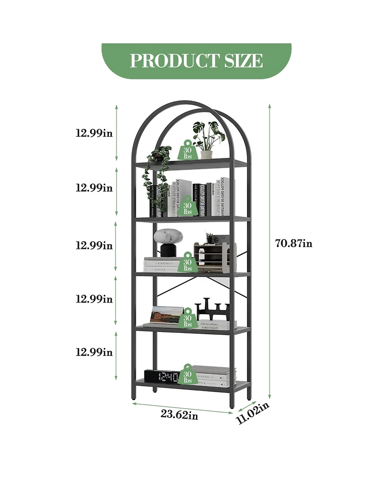 homfan 5-Tier Arched Metal Frame Bookshelf, Anti-Tipping Tall Storage Shelf with Adjustable Feet, 30-Minute Fast Assembly Industrial Home Organizer