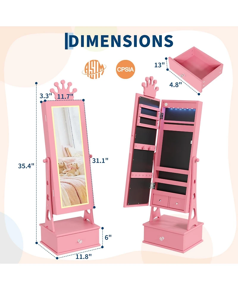 homfan Kids Jewelry Armoire Cabinet, Standing Organizer with Full-Length Mirror, 3 Storage Drawer, Vanity and Dress-Up for Girls