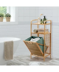 sumyeg Tilt-Out Bamboo Laundry Hamper with 2-Tier Shelf and Removable Liner