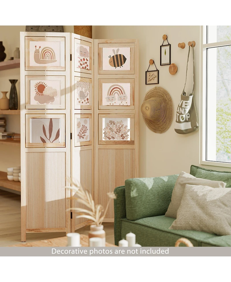 sumyeg 3-Panel Folding Privacy Screen with Swivel Paulownia Wood Photo Frames