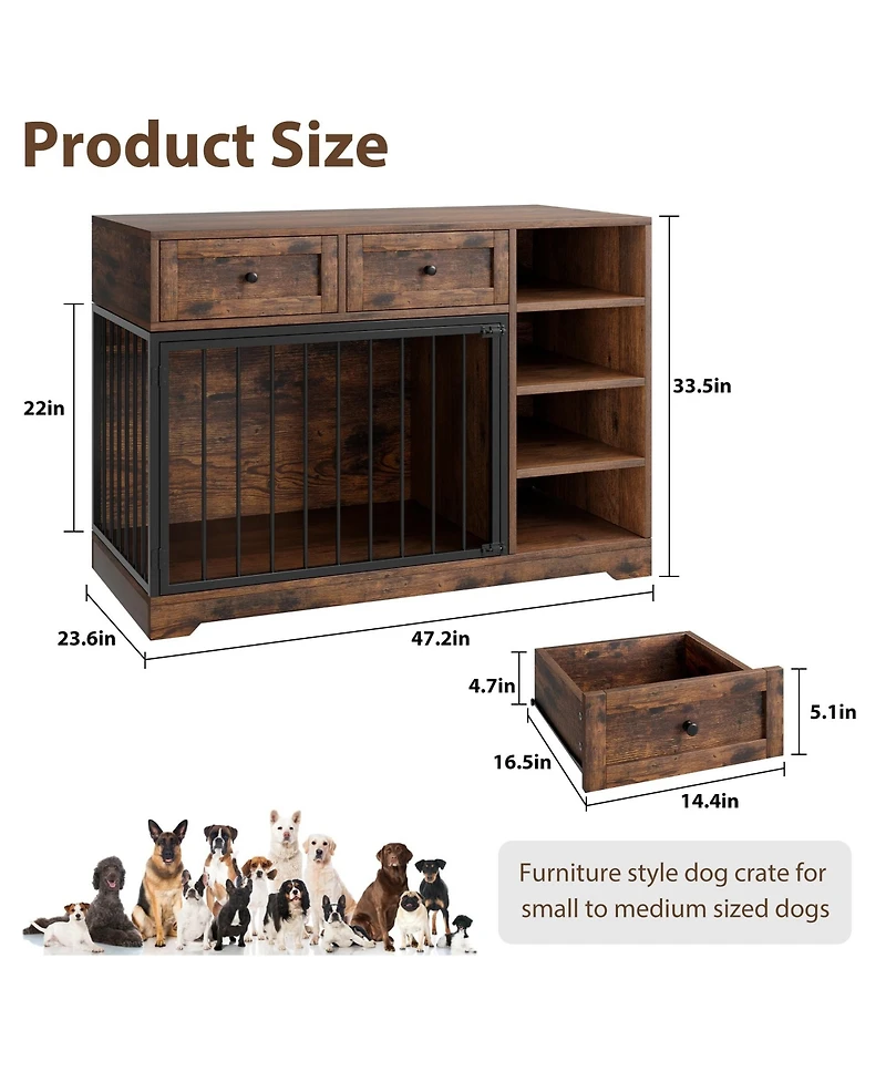 homfan Furniture-Style Dog Crate End Table or Tv Stand, Engineered Wood and Reinforced Iron Bar Pet Cage with Storage, Easy Assembly