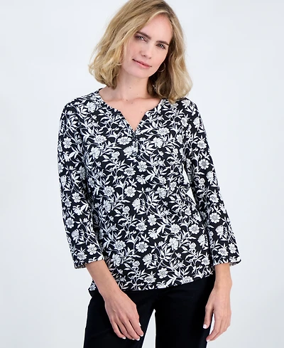 Style & Co Petite Glistening Flora 3/4-Sleeve Henley Top, Macy's Exclusive
