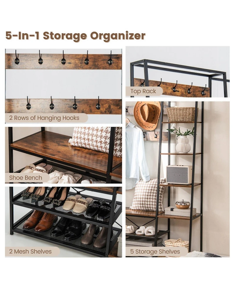 Gouun 5-in-1 Entryway Hall Tree with Storage Bench and 9 Hooks