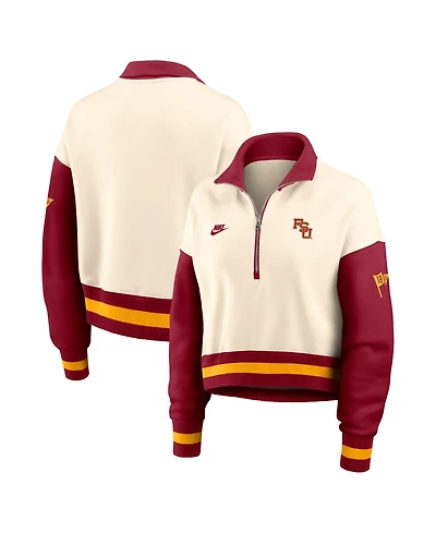 Nike Women's Natural/Scarlet Florida State Seminoles Oversized Legacy Color Block Cropped Quarter-Zip Pullover Sweatshirt