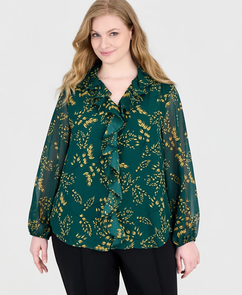 Kasper Plus Long-Sleeve Ruffle-Front V-Neck Blouse