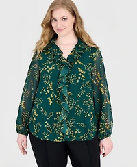 Kasper Plus Long-Sleeve Ruffle-Front V-Neck Blouse