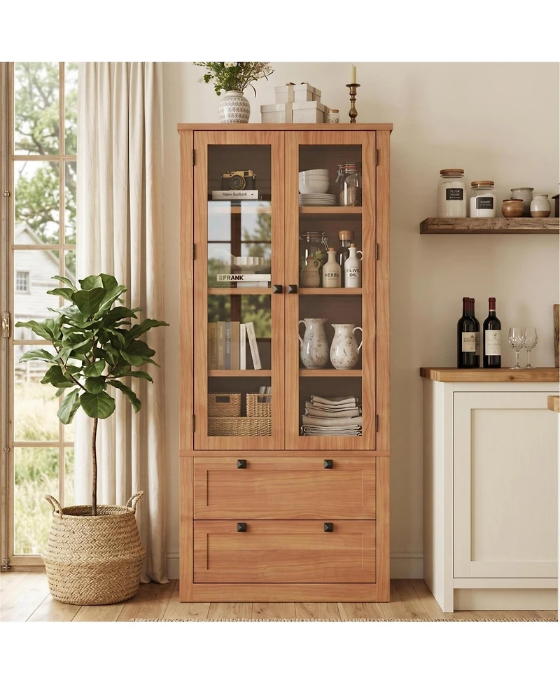 homfan 71 Inch Tall Kitchen Pantry Cabinet with Glass Doors, 2 Drawers and Adjustable Shelves