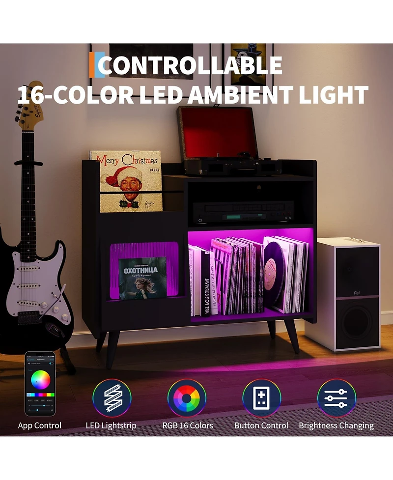 homfan Record Player Stand with Led Lights, Charging Station and Sliding Door, Holds Up to 350 Vinyl Albums