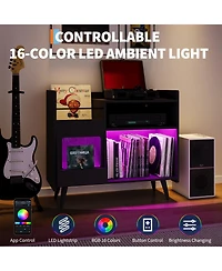 homfan Record Player Stand with Led Lights, Charging Station and Sliding Door, Holds Up to 350 Vinyl Albums