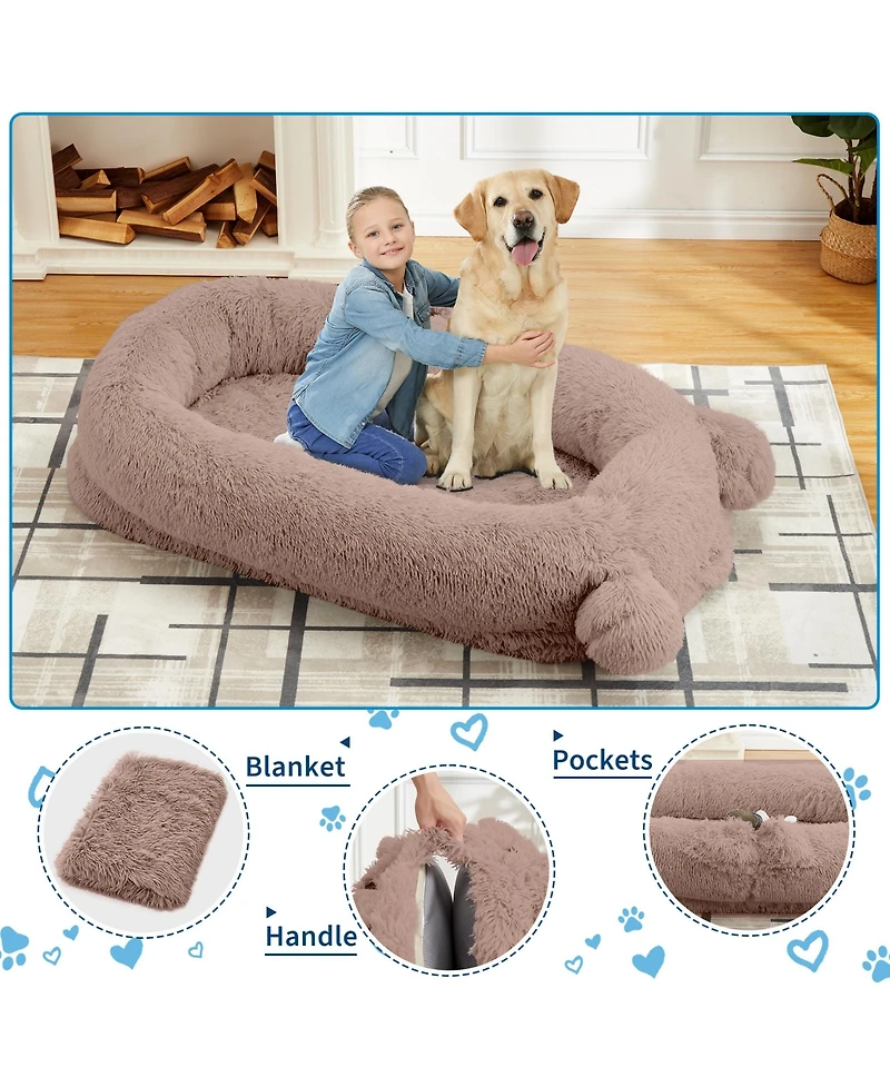 homfan Human Sized Dog Bed, 71 Inch Extra Large Orthopedic Pet Sofa with Soft Faux Fur , and Storage Pockets for Adults Pets