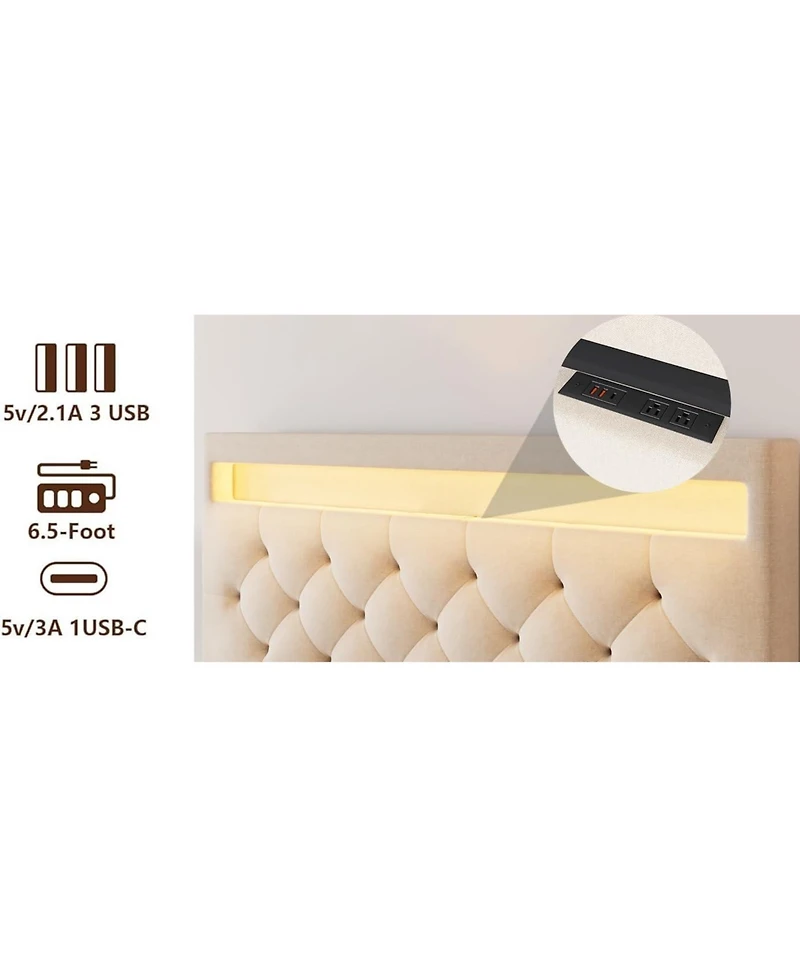 homfan Modern Upholstered Queen Bed Frame with Led Light, Low Profile Platform Bed, Adjustable Button Tufted Headboard and Wood Slat Support