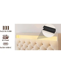 homfan Modern Upholstered Queen Bed Frame with Led Light, Low Profile Platform Bed, Adjustable Button Tufted Headboard and Wood Slat Support