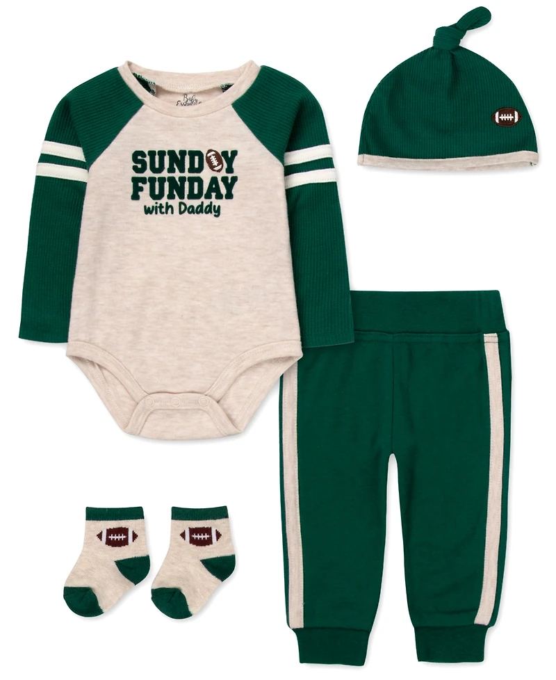 Baby Essentials Boys' Sunday Funday with Daddy Bodysuit, Jogger Pants, Socks and Hat, 4-Piece Set