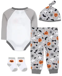 Baby Essentials Boys' My First Halloween Bear Bodysuit, Jogger Pants, Socks and Hat, 4-Piece Set